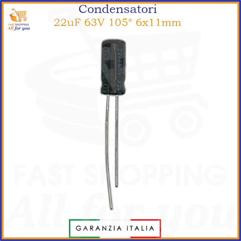 Condensatore elettrolitico radiale 22uF 63V 105° 6x11mm per circuiti elettronici