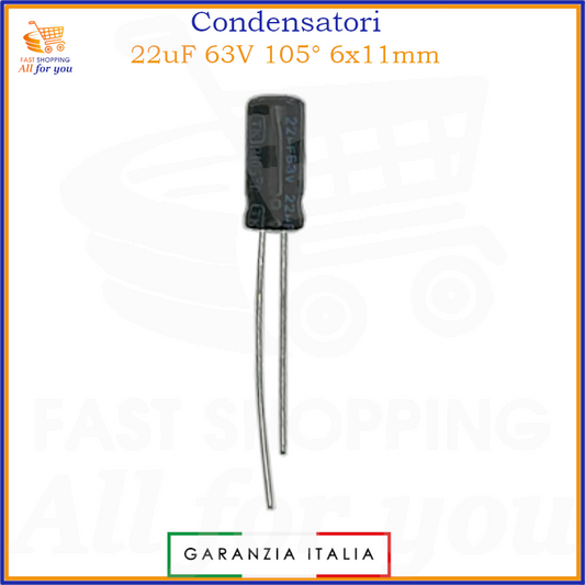 Condensatore elettrolitico radiale 22uF 63V 105° 6x11mm per circuiti elettronici