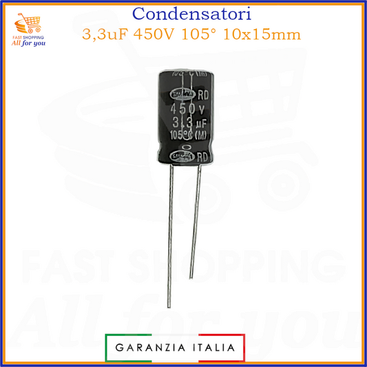 Condensatore elettrolitico radiale 3,3uF 450V 105 gradi 10x15mm in alluminio polarizzato