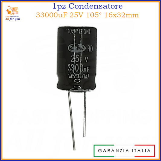 Condensatore elettrolitico radiale 3300uF 25V 105 gradi 16x32mm in alluminio polarizzato