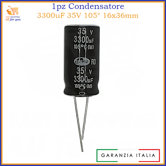 Condensatore elettrolitico radiale 3300uF 35V 105 gradi 16x36mm in alluminio polarizzato