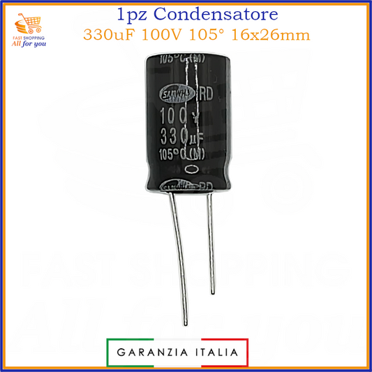Condensatore elettrolitico 330uF 100V 105° 16x26mm radiale in alluminio