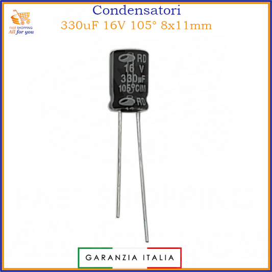 Condensatore elettrolitico radiale 330uF 16V 105 gradi 8x11mm in alluminio polarizzato