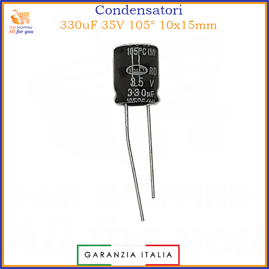 Condensatore elettrolitico radiale 330uF 35V 105 gradi 10x15mm in alluminio polarizzato