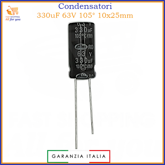 Condensatore elettrolitico radiale 330uF 63V 105 gradi 10x25mm in alluminio polarizzato