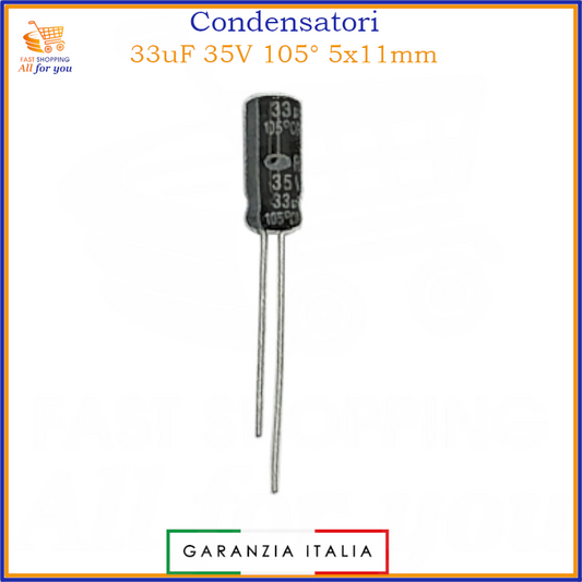 Condensatore elettrolitico radiale 33uF 35V 105 gradi 5x11mm in alluminio polarizzato