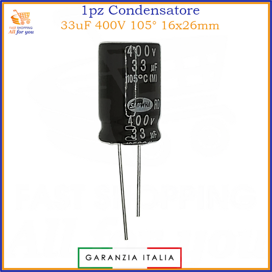 Condensatore elettrolitico radiale 33uF 400V 105 gradi 16x26mm in alluminio polarizzato