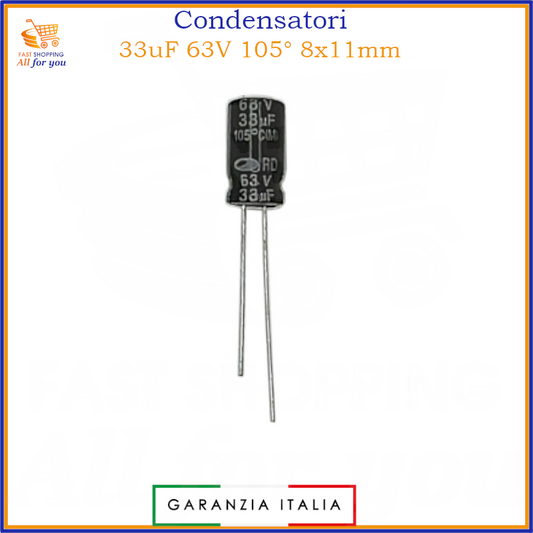 Condensatore elettrolitico radiale 33uF 63V 105 gradi 8x11mm in alluminio polarizzato
