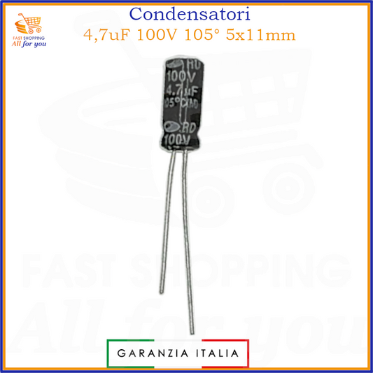 Condensatore elettrolitico radiale 4,7uF 100V 105 gradi 5x11mm in alluminio polarizzato