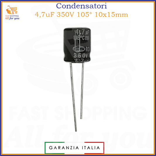 Condensatore elettrolitico radiale 4,7uF 350V 105 gradi 10x15mm in alluminio polarizzato