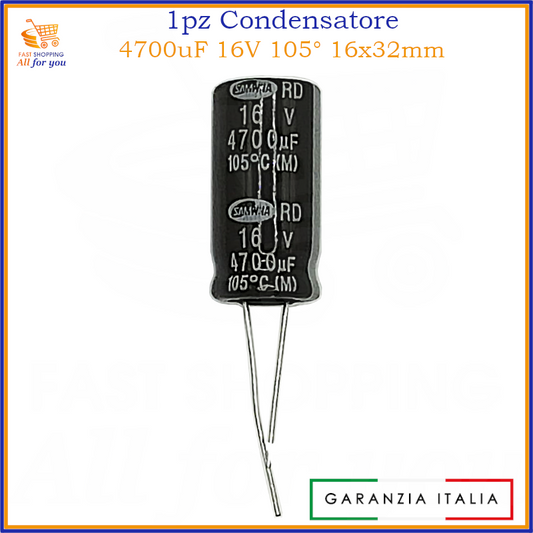Condensatore elettrolitico radiale 4700uF 16V 105 gradi 16x32mm in alluminio polarizzato