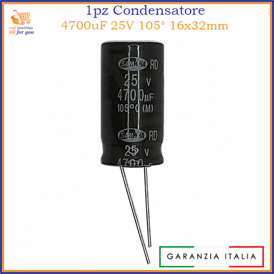 Condensatore elettrolitico radiale 4700uF 25V 105 gradi 16x32mm in alluminio polarizzato
