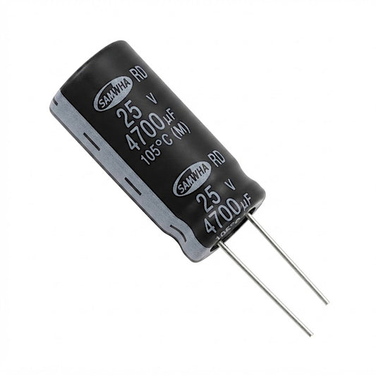 Condensatore elettrolitico radiale da 4700uF 25V con tolleranza termica fino a 105°C per circuiti elettronici