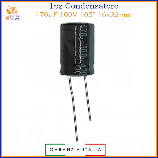 Condensatore elettrolitico radiale 470uF 100V 105 gradi 16x32mm in alluminio polarizzato