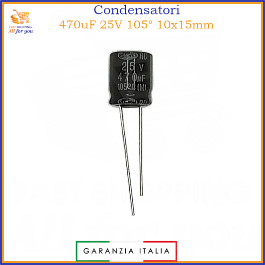 Condensatore elettrolitico radiale 470uF 25V 105 gradi 10x15mm in alluminio polarizzato