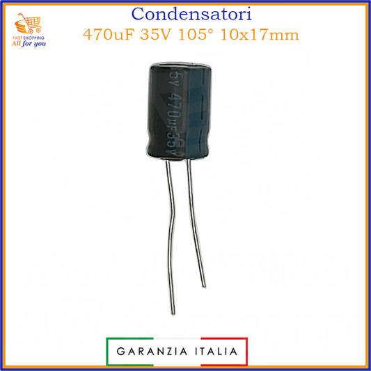 Condensatore elettrolitico radiale 470uF 35V 105 gradi 10x17mm in alluminio polarizzato