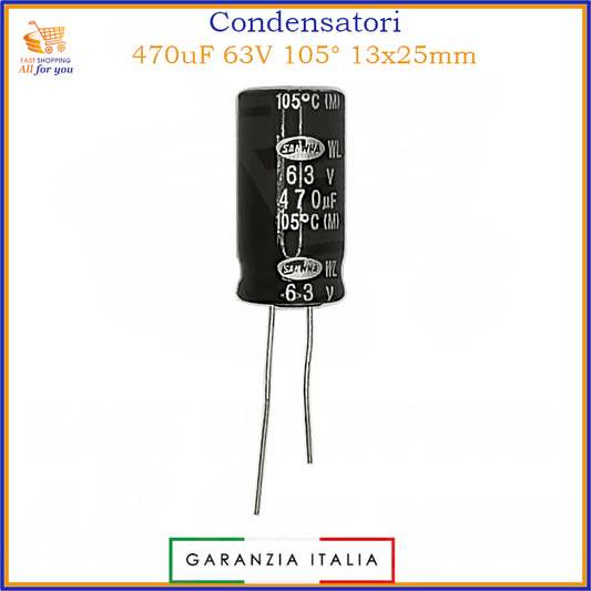 Condensatore elettrolitico radiale 470uF 63V 105 gradi 13x25mm in alluminio polarizzato