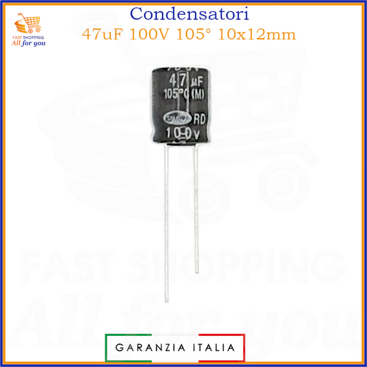Condensatore elettrolitico radiale 47uF 100V 105 gradi 10x12mm in alluminio polarizzato