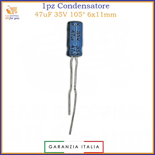 Condensatore elettrolitico 47uF 35V 105 gradi 6x11mm radiale in alluminio
