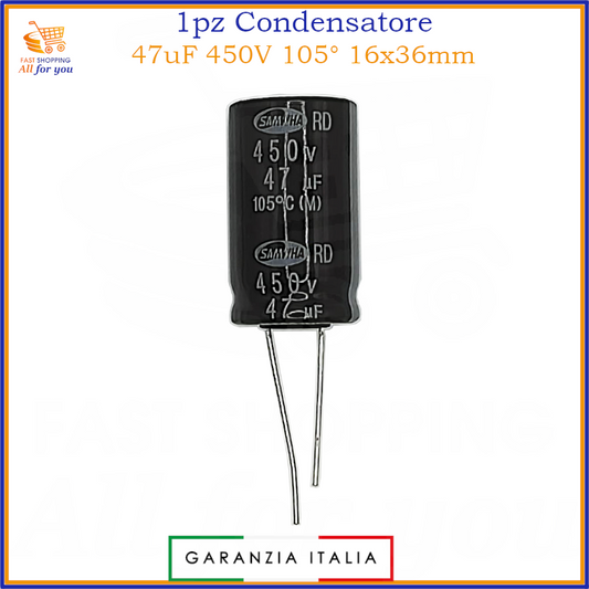 Condensatore elettrolitico radiale 47uF 450V 105 gradi 16x36mm in alluminio polarizzato