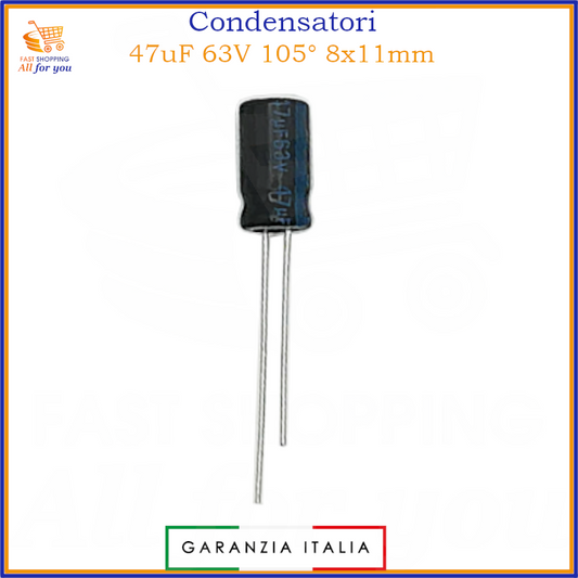 Condensatore elettrolitico radiale 47uF 63V 105 gradi 8x11mm in alluminio polarizzato