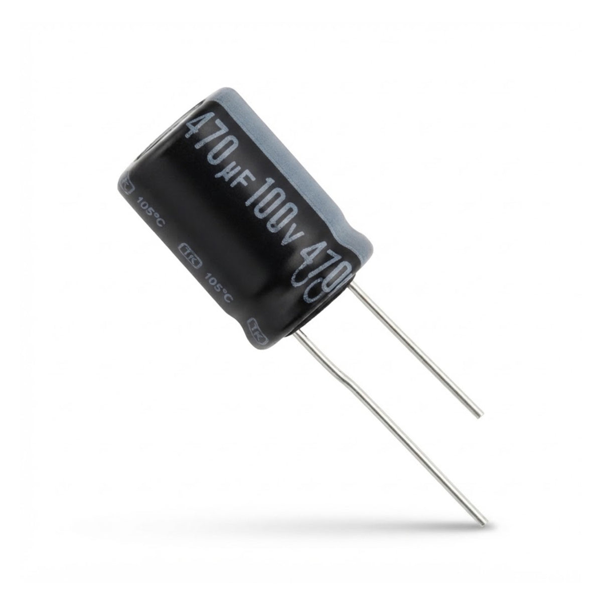 Condensatore elettrolitico radiale polarizzato 470 microfarad 100V 105 gradi 16x32mm per circuiti elettronici e alimentatori