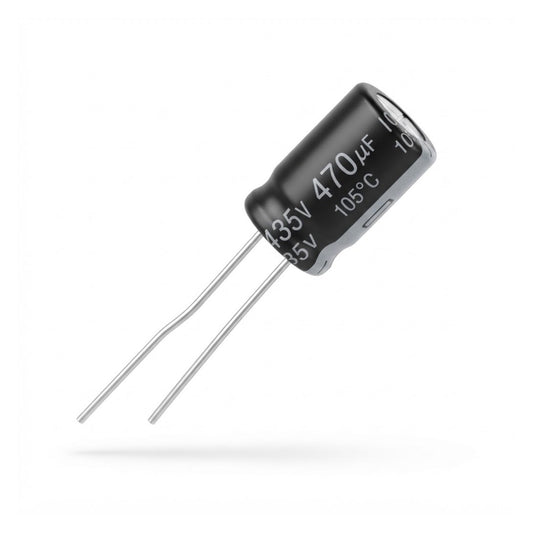 Condensatore elettrolitico radiale polarizzato 470 microfarad 35V 105 gradi 10x17mm per circuiti elettronici e alimentatori