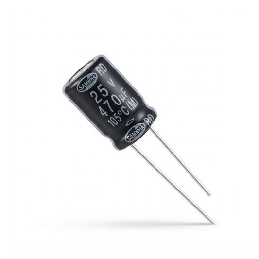 Condensatore elettrolitico radiale polarizzato Samwha 470 microfarad 25V 105 gradi 10x15mm per circuiti elettronici