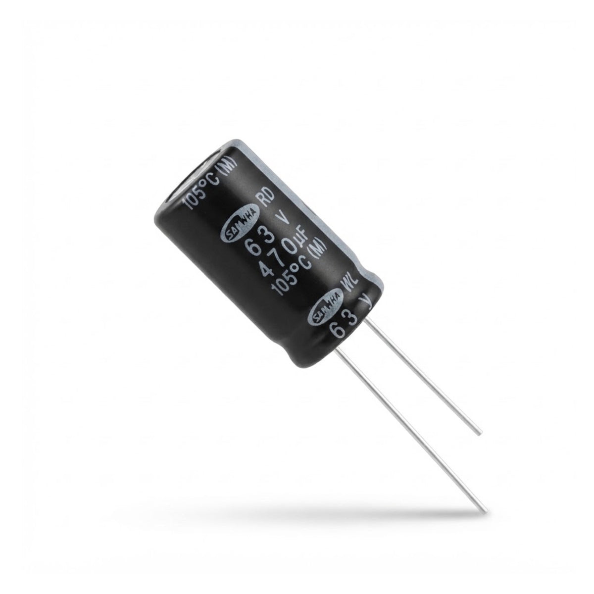 Condensatore elettrolitico radiale polarizzato Samwha 470 microfarad 63V 105 gradi 13x25mm per circuiti elettronici