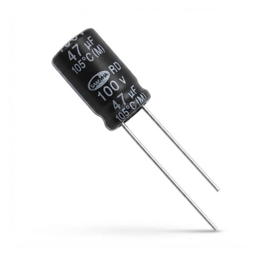 Condensatore elettrolitico radiale polarizzato Samwha 47 microfarad 100V 105 gradi 10x12mm per circuiti elettronici