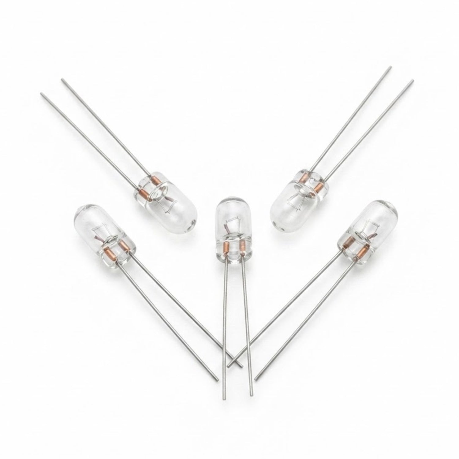Confezione da 5 lampadine miniature 12V 60mA di dimensioni 3,15x6,35mm con terminali a filo, ideali per modellismo, presepi e frontalini di autoradio.