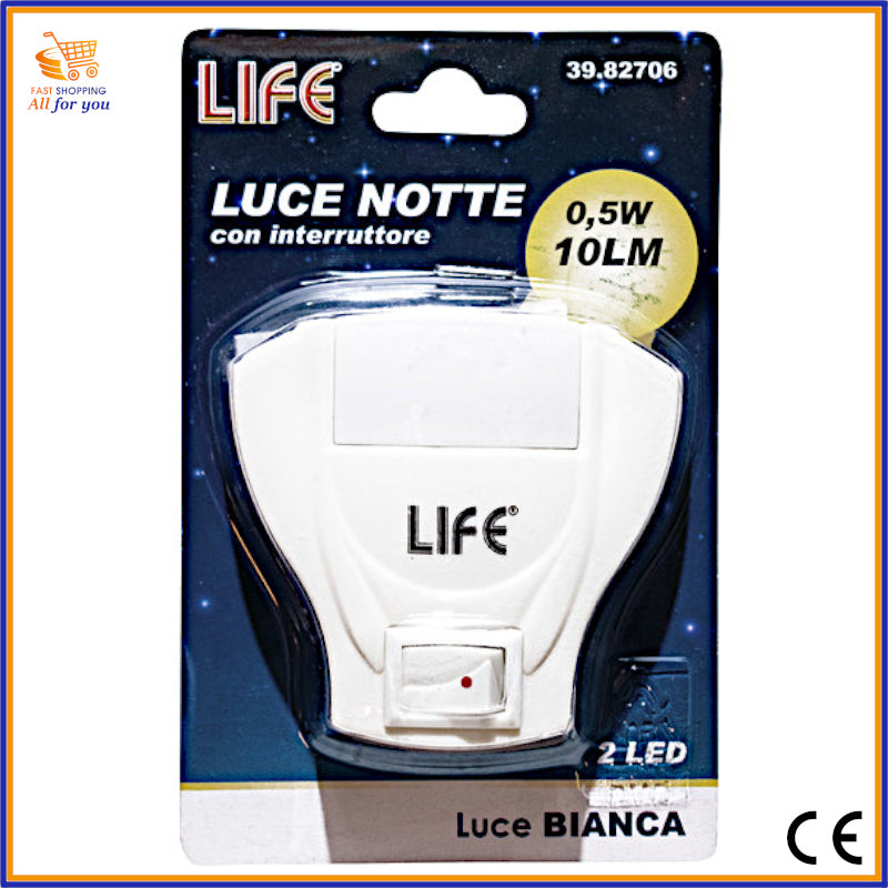 Confezione originale in blister della luce notte 2 LED Life con specifiche tecniche visibili.