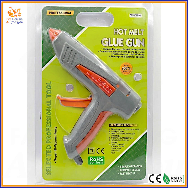 Confezione blister originale della pistola per colla a caldo professionale con istruzioni d'uso.
