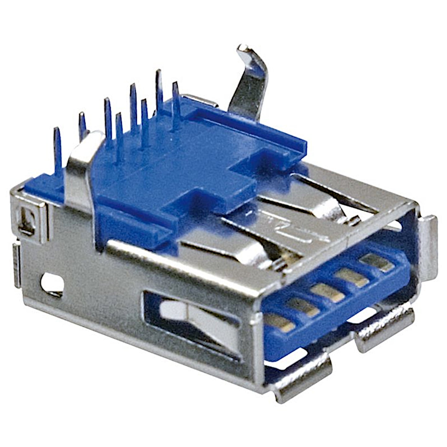 Connettore USB Type-A 3.0 femmina ad angolo retto (90 gradi) da saldare su PCB, completamente schermato con isolante blu.