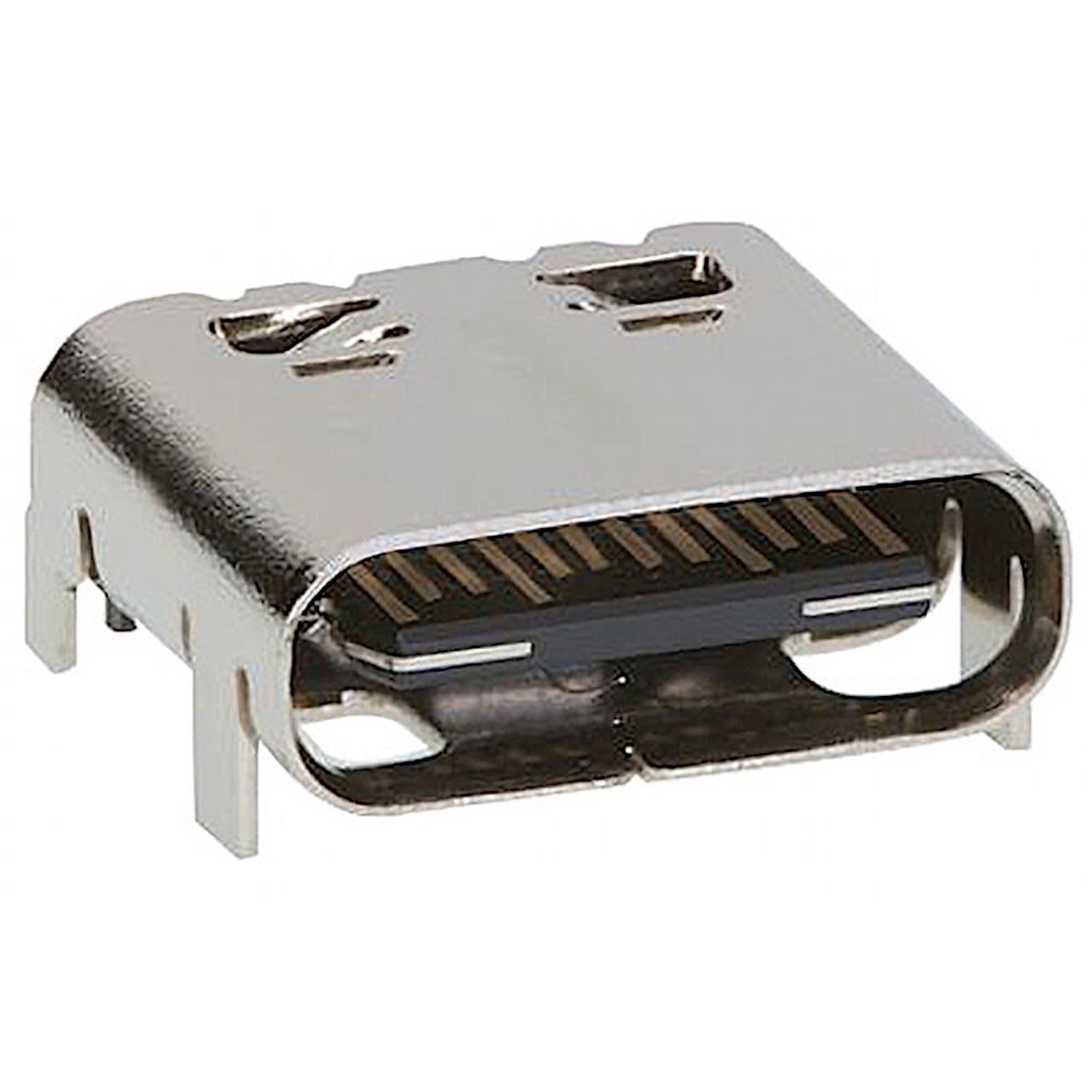 Connettore USB Type-C 3.1 femmina ad angolo retto (90 gradi) da saldare su PCB, completamente schermato con contatti in bronzo fosforoso.