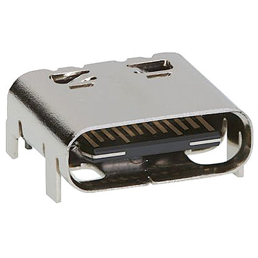 Connettore USB Type-C 3.1 femmina ad angolo retto (90 gradi) da saldare su PCB, completamente schermato con contatti in bronzo fosforoso.