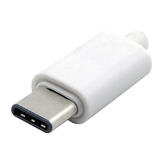 Connettore USB Type-C 3.1 maschio da saldare con contatti in bronzo fosforoso e cover di protezione bianca, ideale per riparazioni e prototipazione.