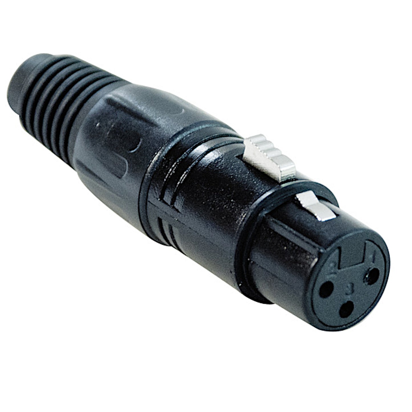 Presa connettore XLR Cannon a 3 poli con corpo in metallo nero, contatti nichelati e serracavo autobloccante per cavi audio microfonici.
