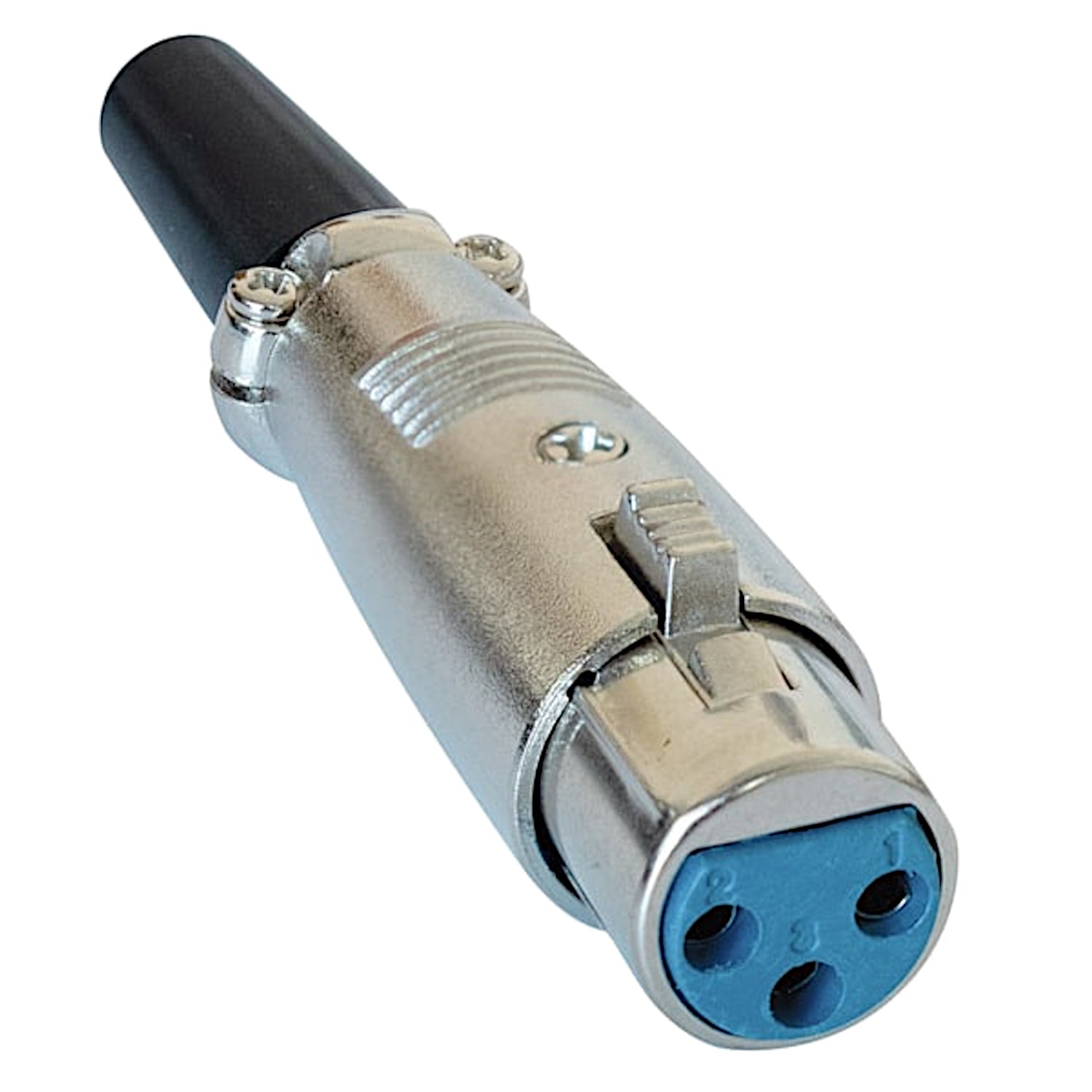 Presa connettore XLR Cannon a 3 poli con corpo in ottone nichelato, serracavo esterno a viti e guidacavo flessibile per cavi audio e microfoni.