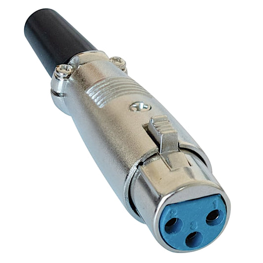 Presa connettore XLR Cannon a 3 poli con corpo in ottone nichelato, serracavo esterno a viti e guidacavo flessibile per cavi audio e microfoni.