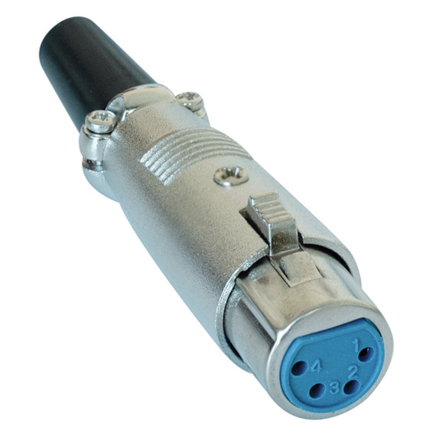 Presa connettore XLR Cannon a 4 poli con corpo in ottone nichelato, serracavo esterno a viti e guidacavo flessibile per audio e bassa frequenza.