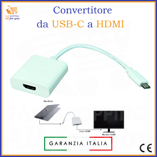Convertitore da USB Tipo C a HDMI di All For You, ideale per collegare MacBook o altri PC/smartphone a un monitor o TV, supporta 4K a 30Hz.