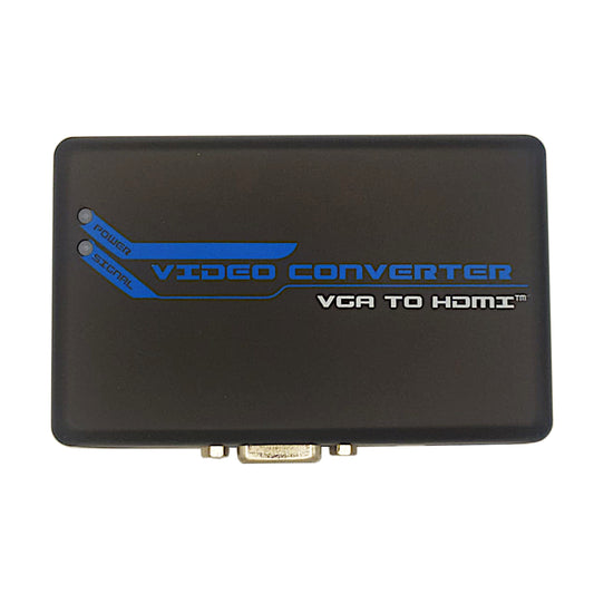 Convertitore video da VGA e audio 3.5mm ad HDMI Full HD 1080p di colore nero, con alimentatore 5V incluso, ideale per collegare vecchi PC a monitor moderni.