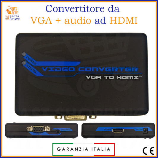 Convertitore da VGA a HDMI con ingresso audio da 3.5mm, include alimentatore 5V DC. Mostra le porte VGA, Audio e HDMI.