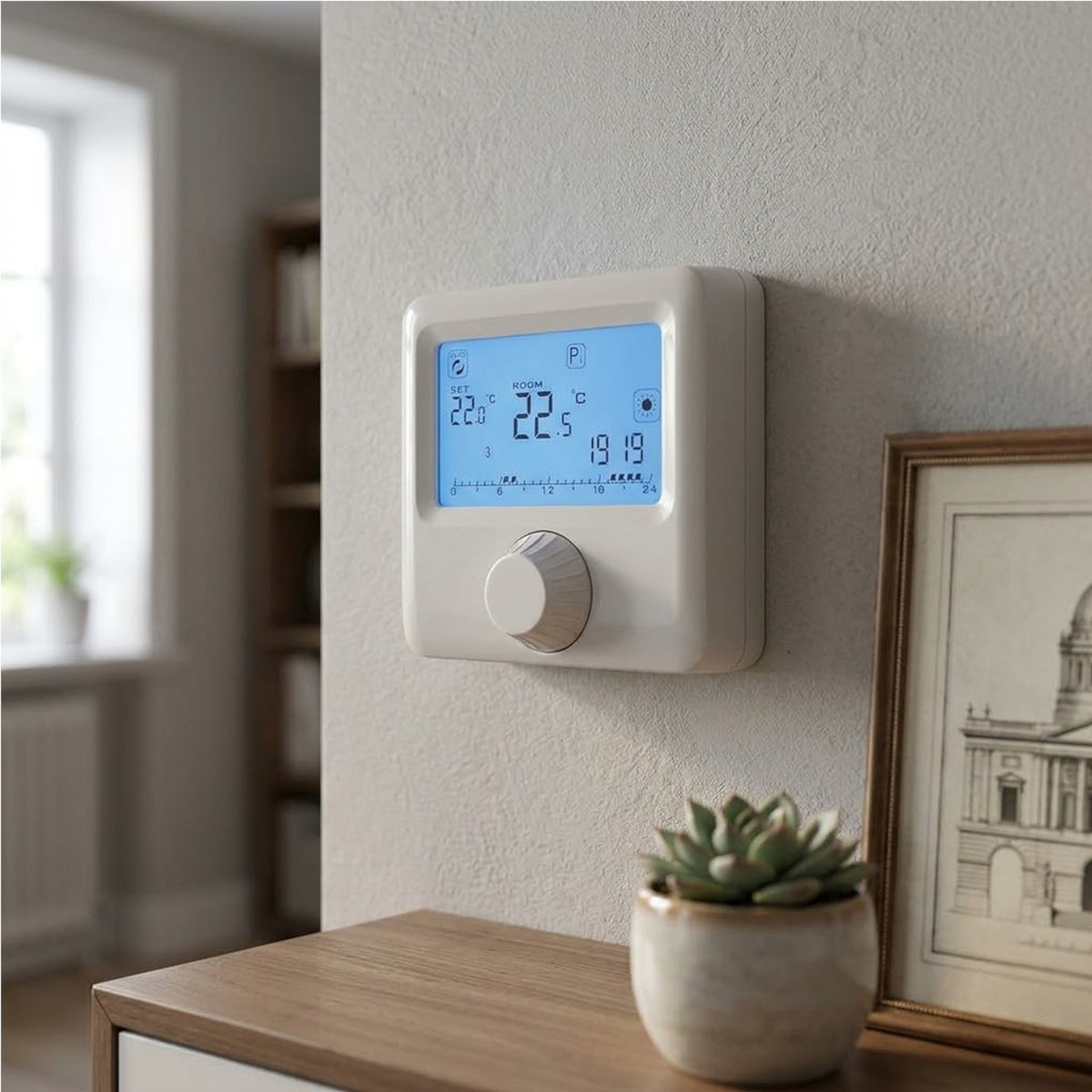 Cronotermostato digitale con manopola installato a parete in un soggiorno di casa