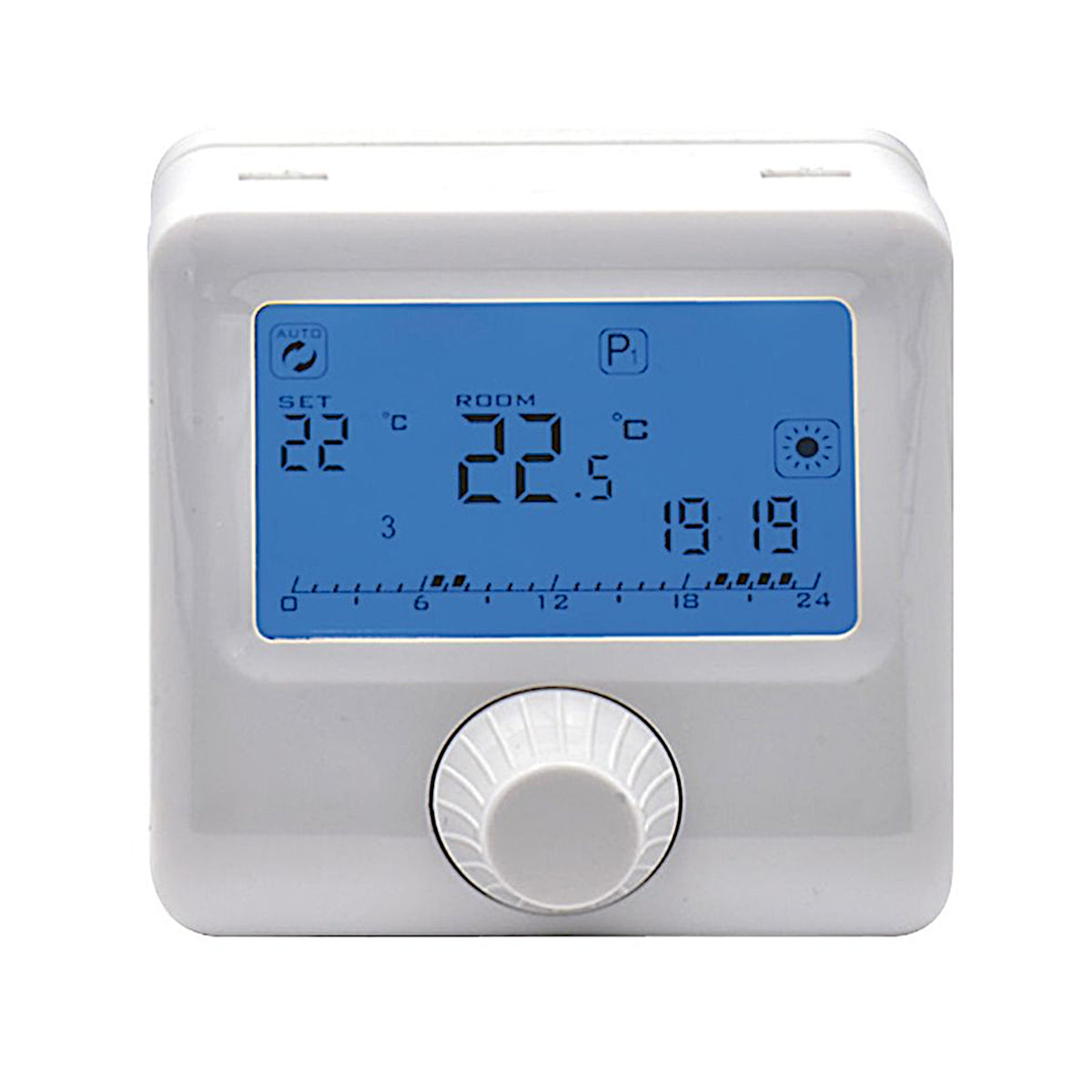 Cronotermostato digitale programmabile con rotella e display LCD retroilluminato blu per riscaldamento domestico