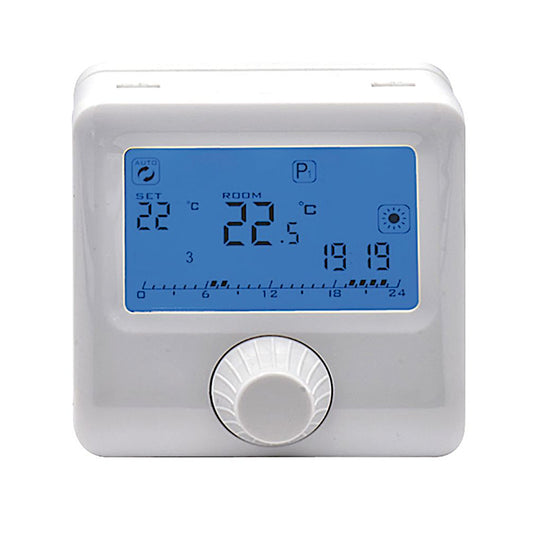 Cronotermostato digitale programmabile con rotella e display LCD retroilluminato blu per riscaldamento domestico