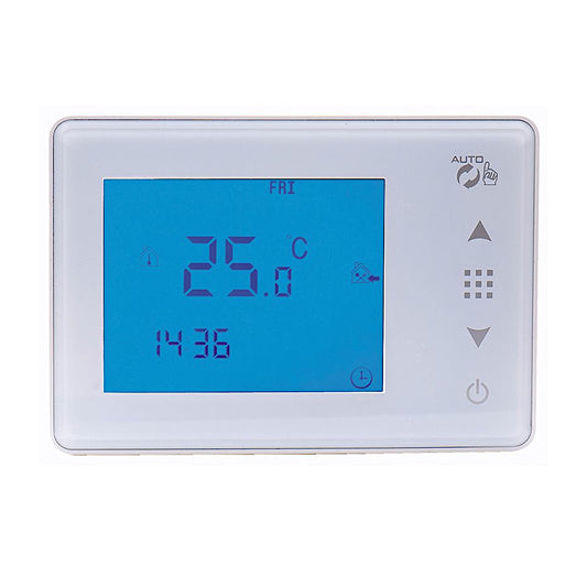 Cronotermostato digitale touch screen bianco con display retroilluminato blu per riscaldamento e condizionamento