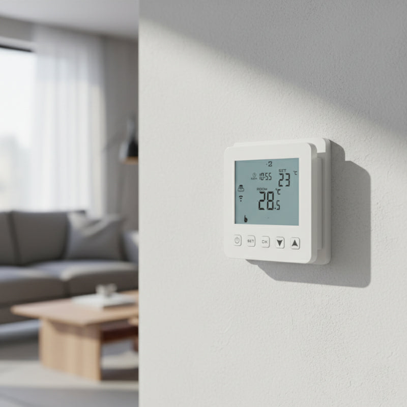 Termostato ambiente digitale Tuya installato in ambiente moderno
