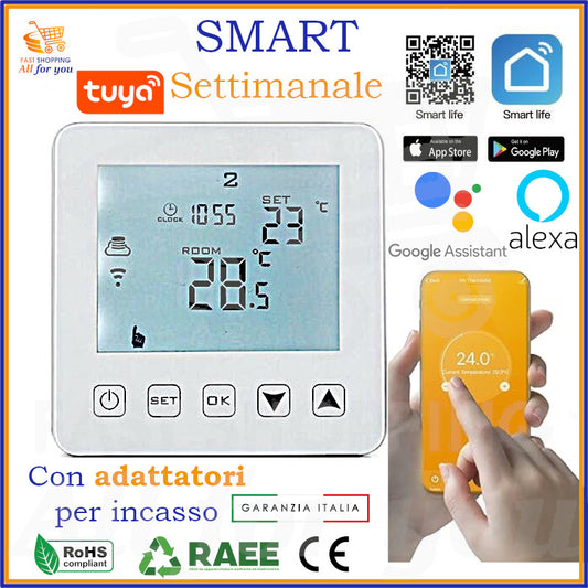 Cronotermostato WiFi touchscreen Smart Tuya di colore bianco con display retroilluminato, compatibile con Alexa e Google Home. Mostra l'interfaccia utente.